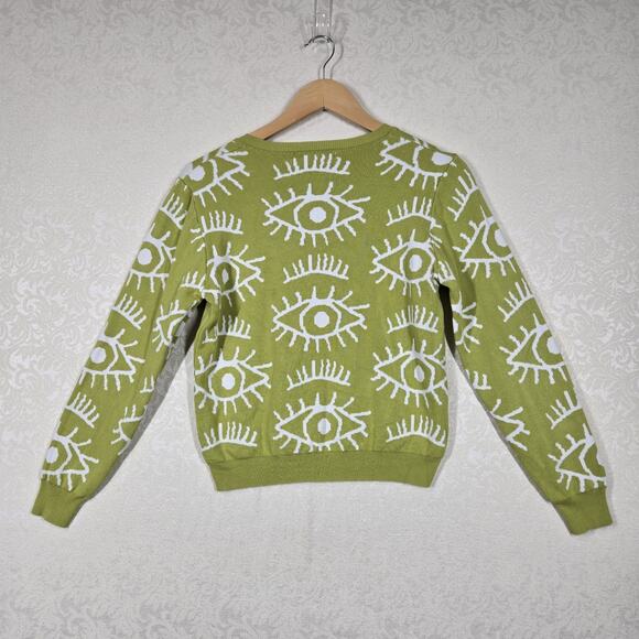 Lizette Collection EVIL EYE Cropped Sweater sz M* Green White Art To Wear READ - Picture 6 of 12